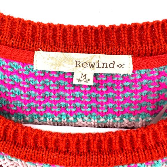 Rewind Size Medium Sweater‎ Red Pink Chunky Knit Patterned Pullover Cropped - Picture 3 of 4